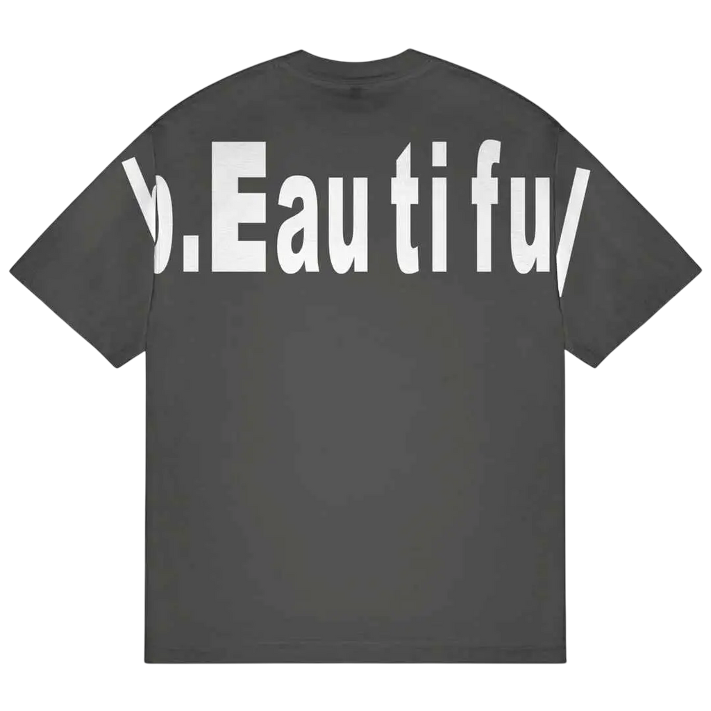 Dark gray vintage black b.eautiful biru t-shirt back with bold white y.eau ti fu text on soft cotton fabric
