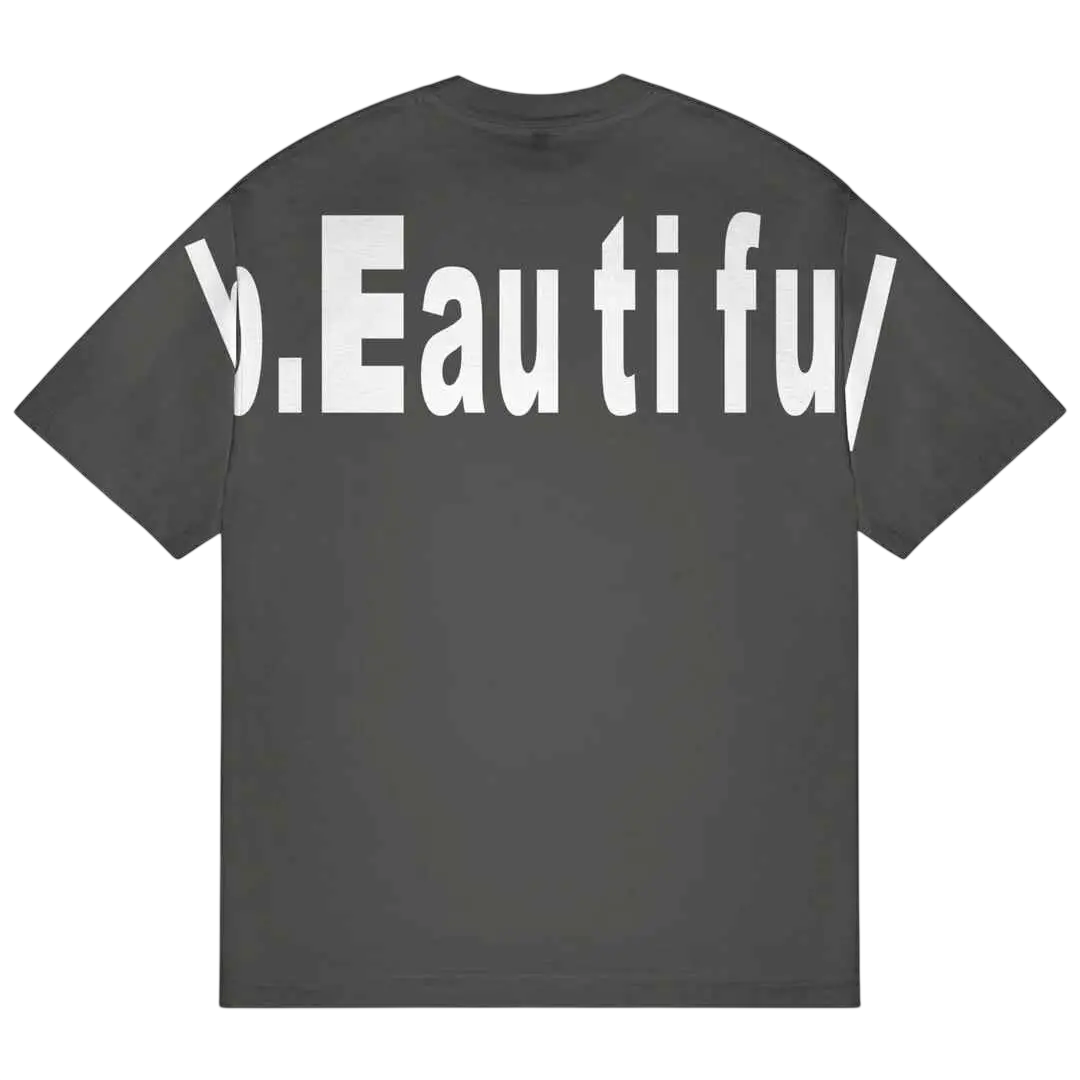 Dark gray vintage black b.eautiful biru t-shirt back with bold white y.eau ti fu text on soft cotton fabric