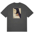Gray cotton b.Eautiful Biru t-shirt with rectangular print of woman with dark hair and colorful shoulder tattoo