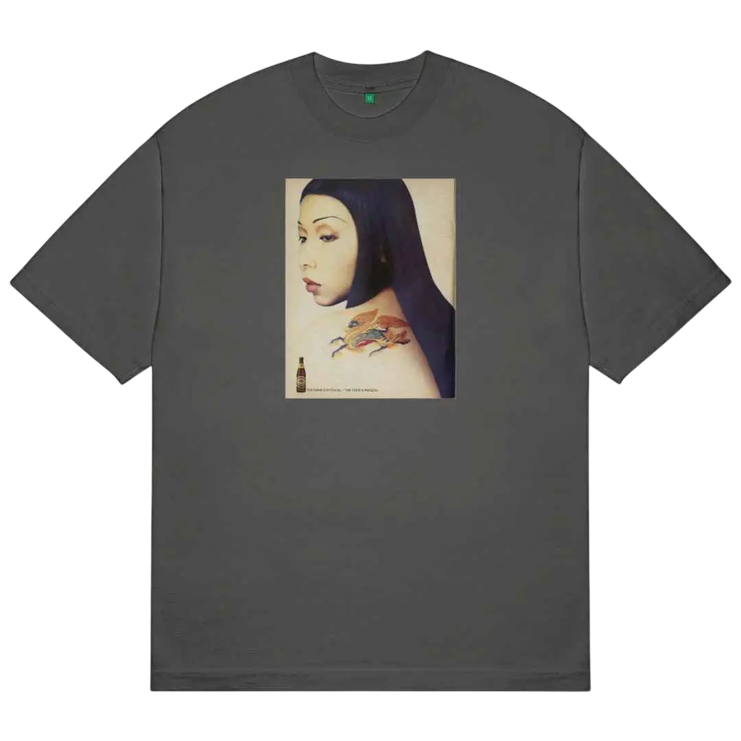Gray cotton b.Eautiful Biru t-shirt with rectangular print of woman with dark hair and colorful shoulder tattoo