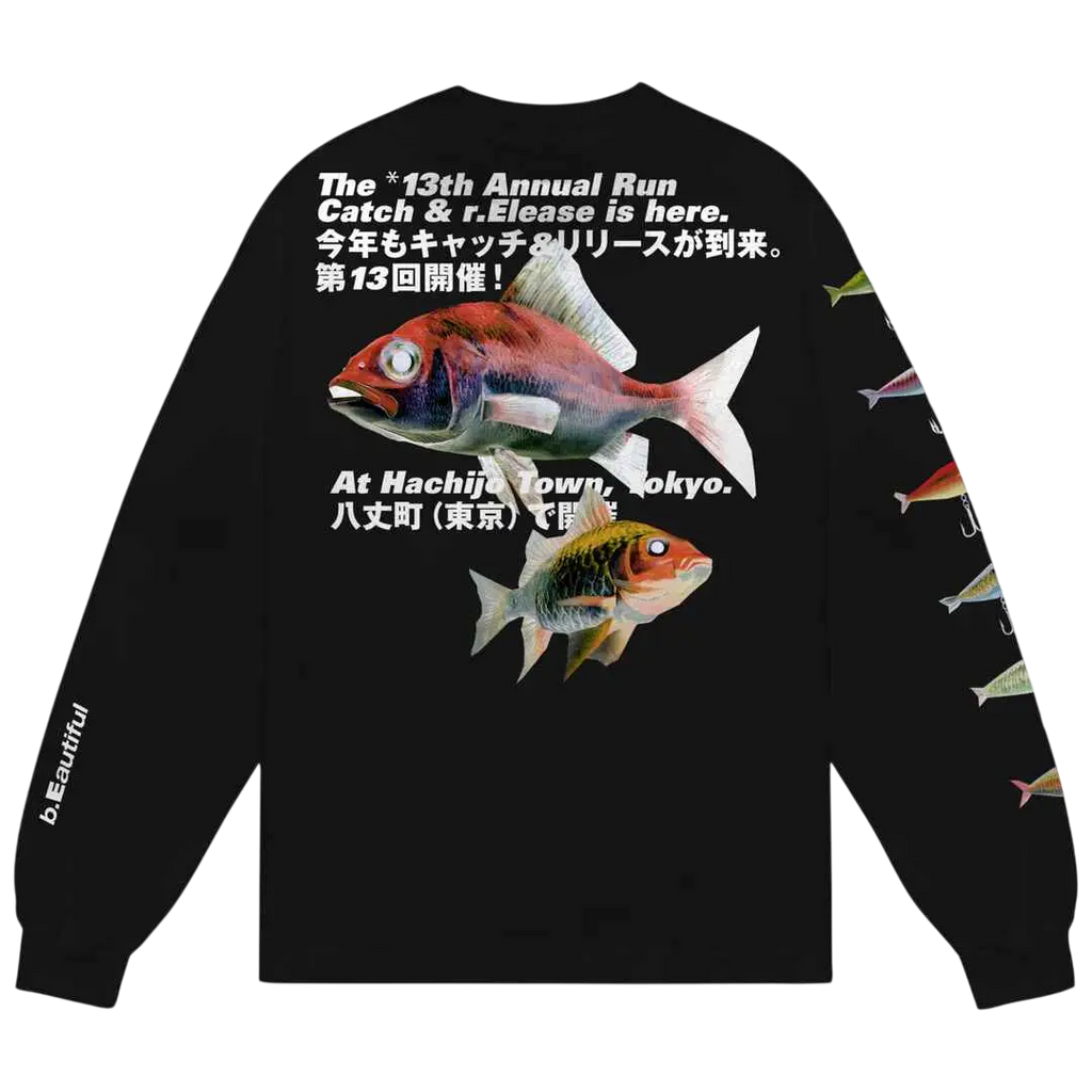 Black long-sleeved sweatshirt with vibrant colorful fish and fishing lures graphic on the back b.Eautiful Catch and Release tee