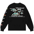 Black long-sleeved sweatshirt featuring colorful fish graphic and white text for the 13th annual run catch and release event