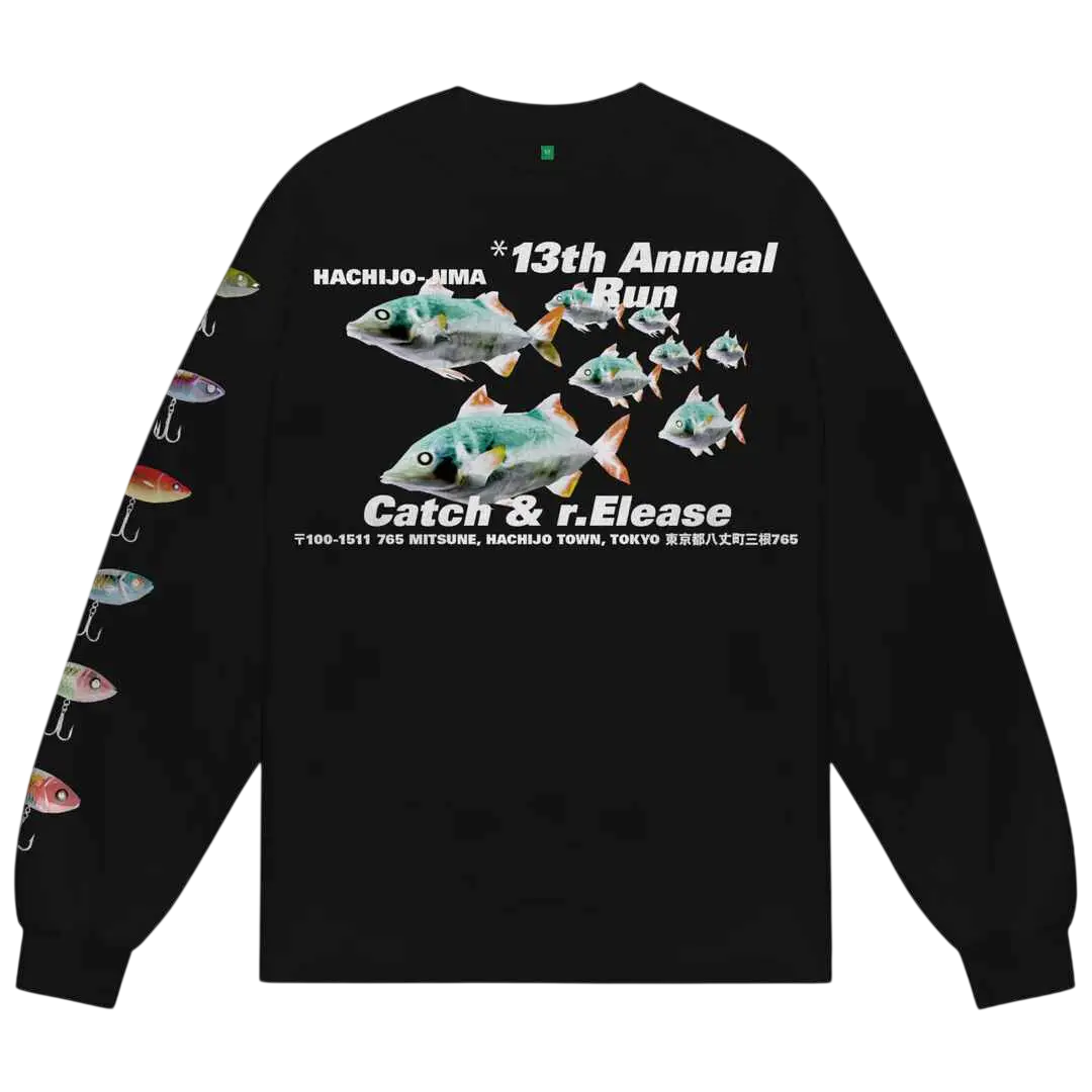 Black long-sleeved sweatshirt featuring colorful fish graphic and white text for the 13th annual run catch and release event