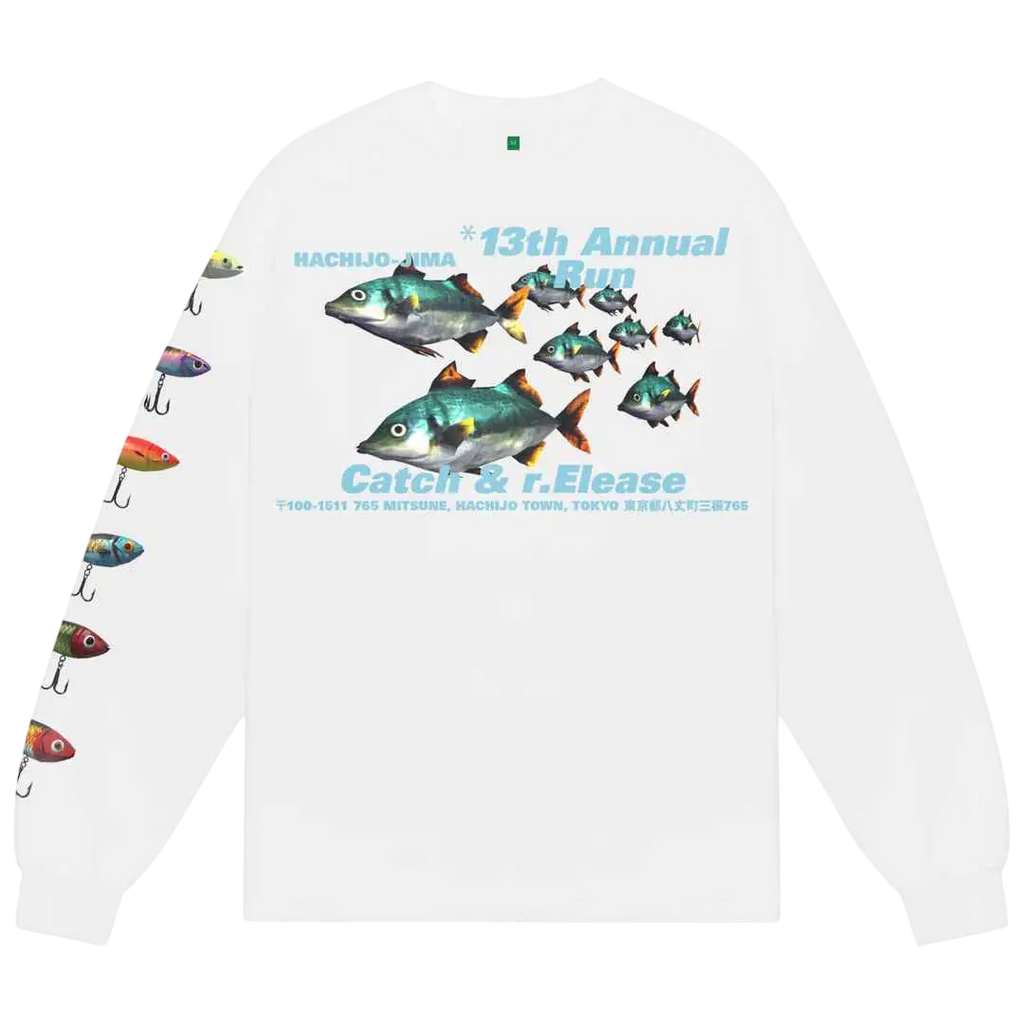 White long-sleeve cotton tee with vibrant fish illustration and 13th annual run text for b.eautiful catch and release event
