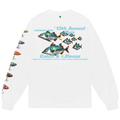 White long-sleeve cotton tee with vibrant fish illustration and 13th annual run text for b.eautiful catch and release event