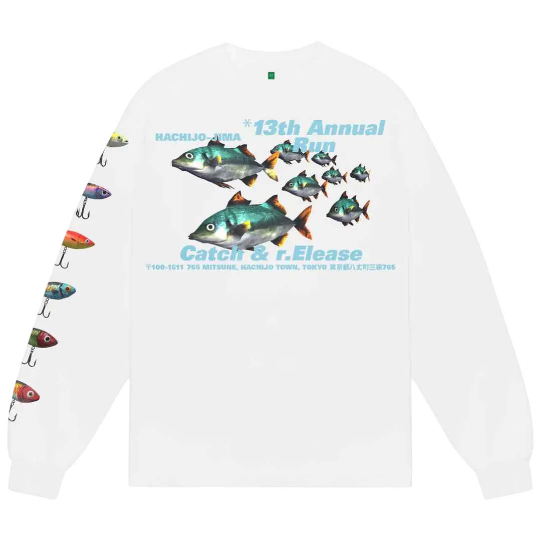 White long-sleeve cotton tee with vibrant fish illustration and 13th annual run text for b.eautiful catch and release event
