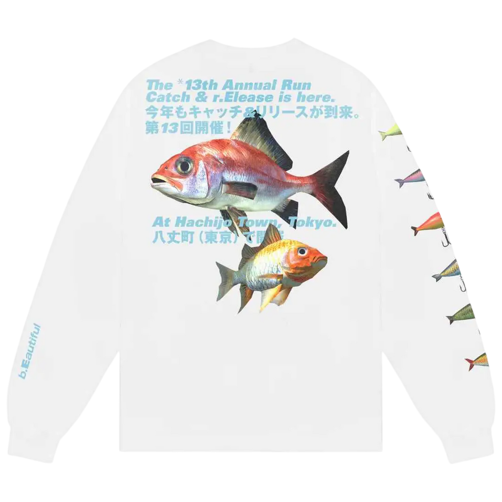 White long-sleeved shirt with vibrant red and orange fish illustration and black fin accents b.eautiful catch and release tee