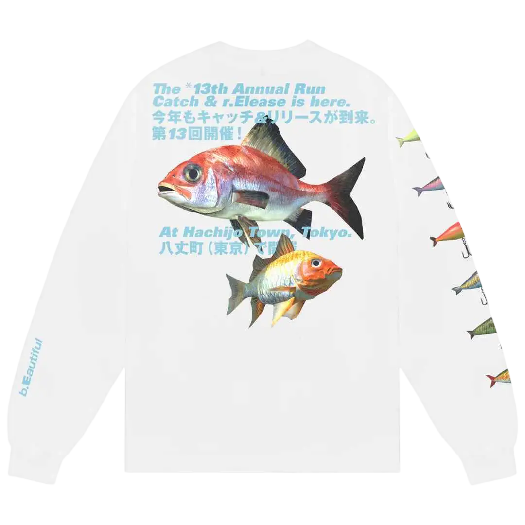 White long-sleeved shirt with vibrant red and orange fish illustration and black fin accents b.eautiful catch and release tee