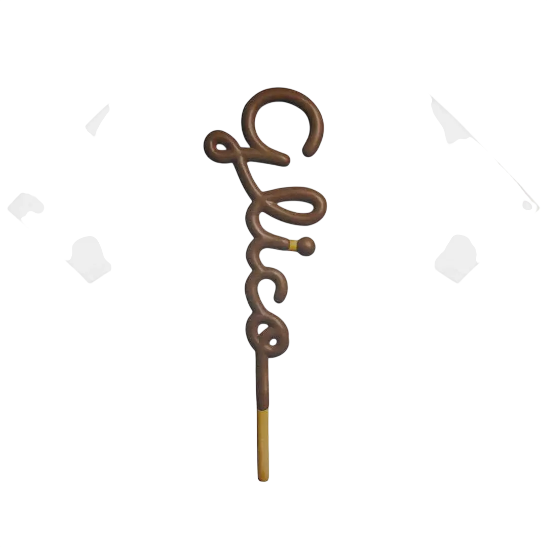 Brown intricately twisted cane with gold-tipped handle and decorative swirls shown with b.eautiful guriko t-shirt white
