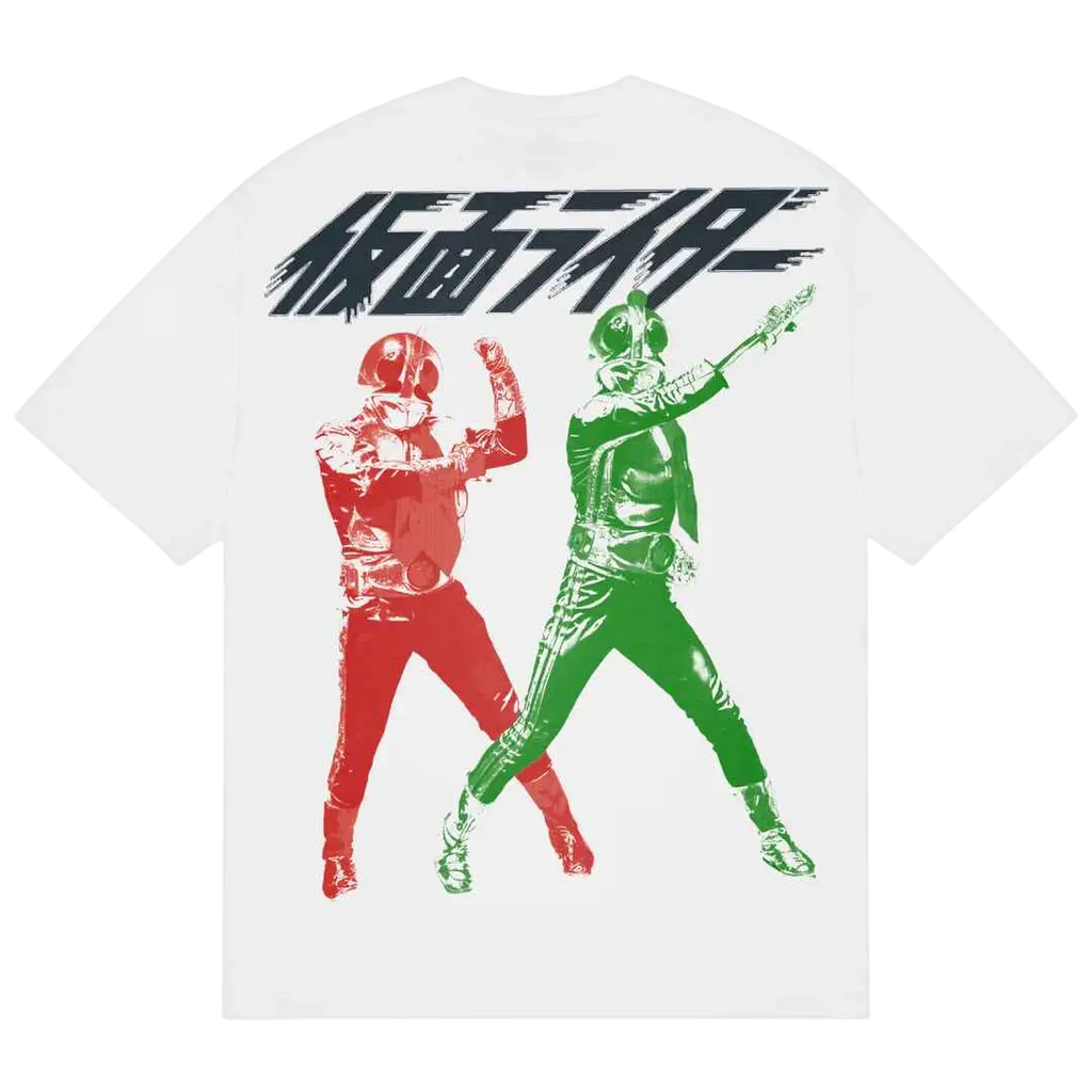 White t-shirt b.eautiful hero featuring bold graphic of red and green kamen rider characters with japanese text