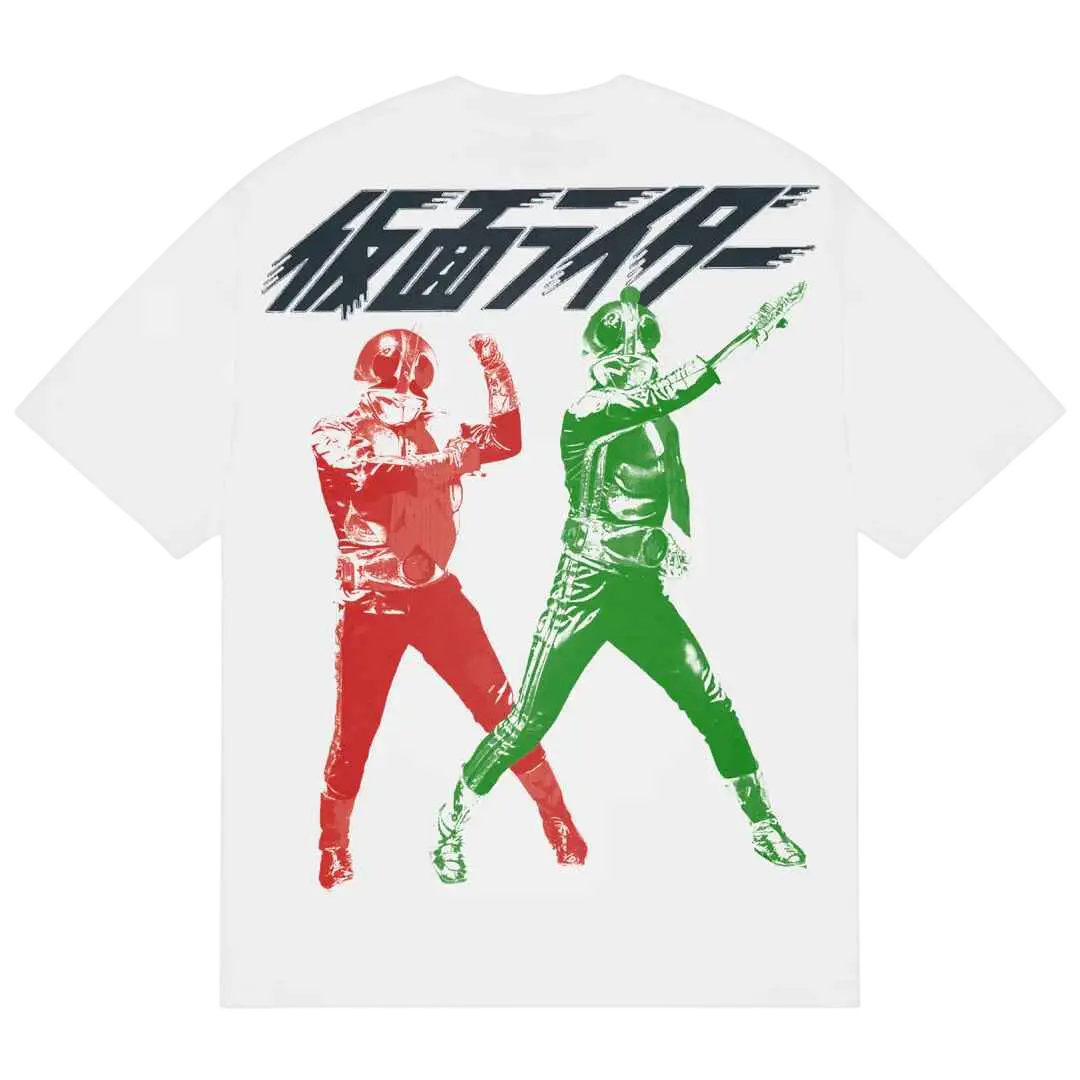 White t-shirt b.eautiful hero featuring bold graphic of red and green kamen rider characters with japanese text
