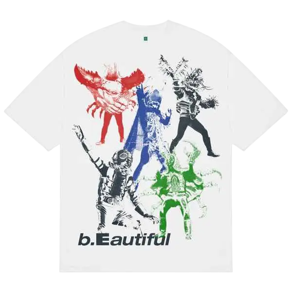 White cotton b.eautiful hero t-shirt with bold colorful graphic print of stylized characters in red blue green and black