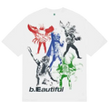 White cotton b.eautiful hero t-shirt with bold colorful graphic print of stylized characters in red blue green and black