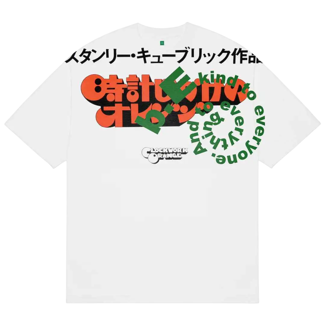White b.eautiful orange t-shirt featuring bold orange green graphic with japanese text kind to everyone and clockwork orange logo