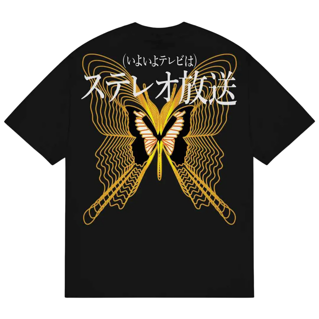 Black b.Eautiful very high frequency t-shirt with gold and white butterfly and intricate japanese text design