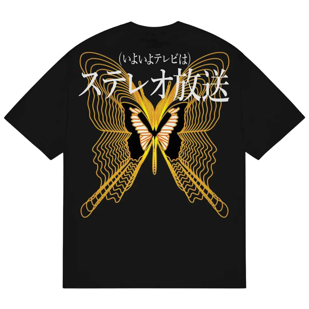Black b.Eautiful very high frequency t-shirt with gold and white butterfly and intricate japanese text design