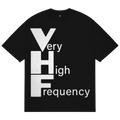 Black short-sleeved cotton t-shirt featuring a bold white very high frequency graphic by b.Eautiful