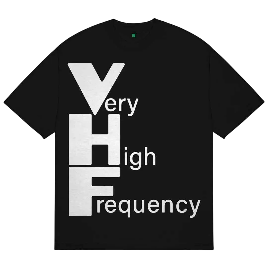 Black short-sleeved cotton t-shirt featuring a bold white very high frequency graphic by b.Eautiful