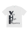 White cotton t-shirt with bold black very high frequency graphic and stacked vhf letters by b.Eautiful