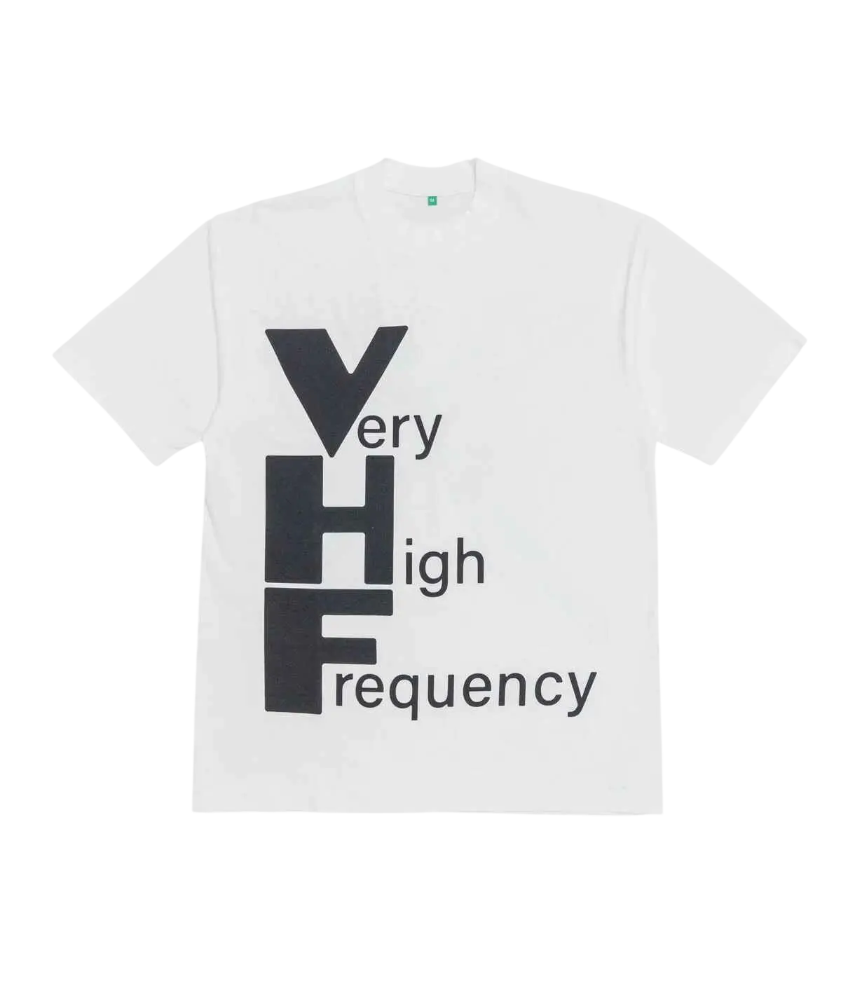 White cotton t-shirt with bold black very high frequency graphic and stacked vhf letters by b.Eautiful