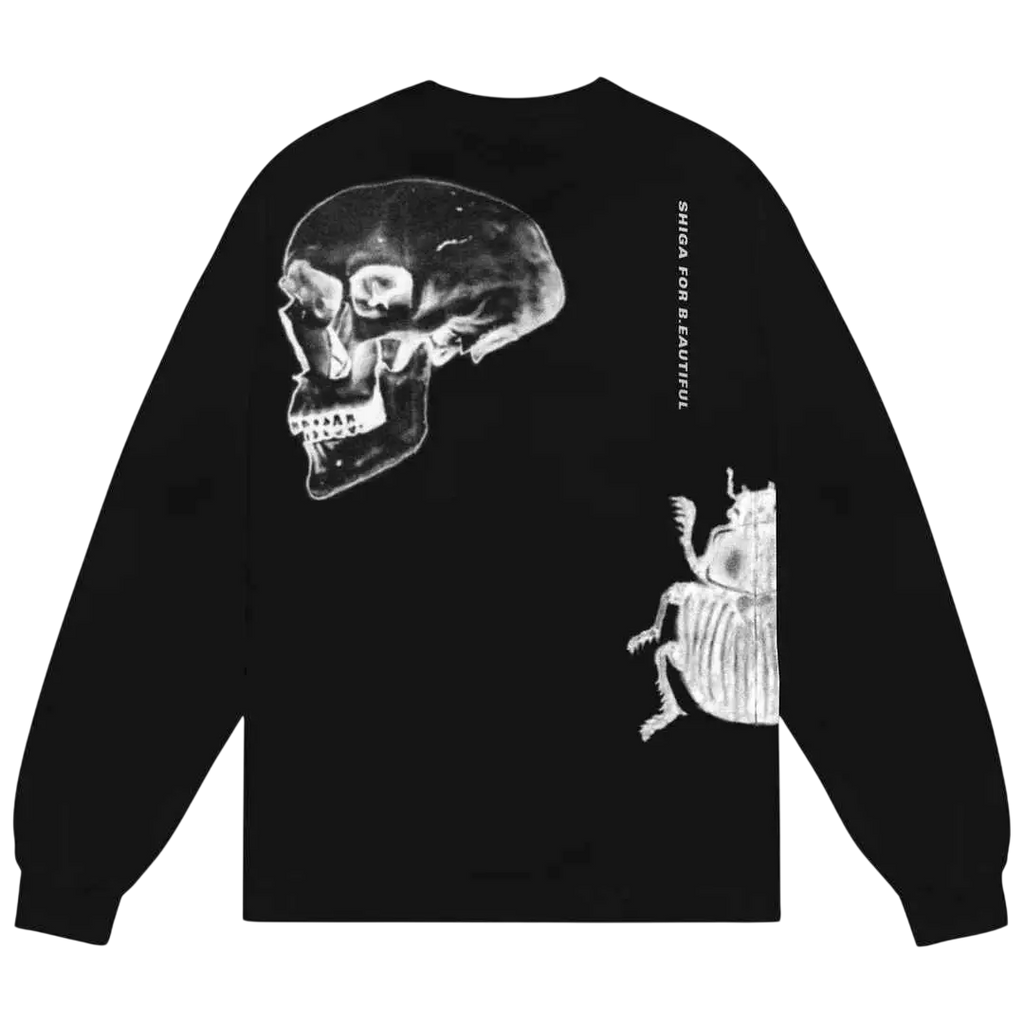 Back view of b.eautiful x shiga ram black long sleeve tee with white x-ray style skull and beetle graphic