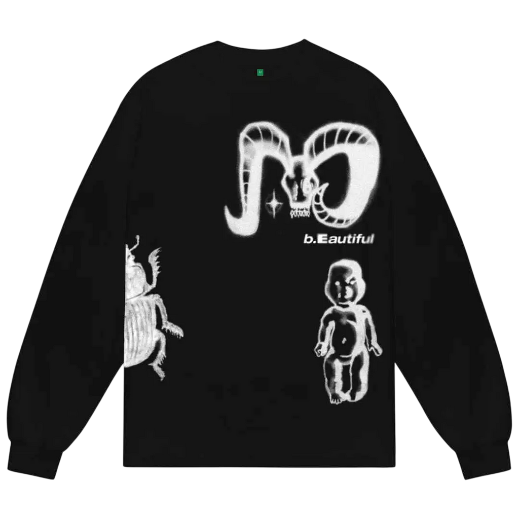 Black long-sleeved sweatshirt by b.eautiful x shiga featuring white ram skull baby and insect graphic design