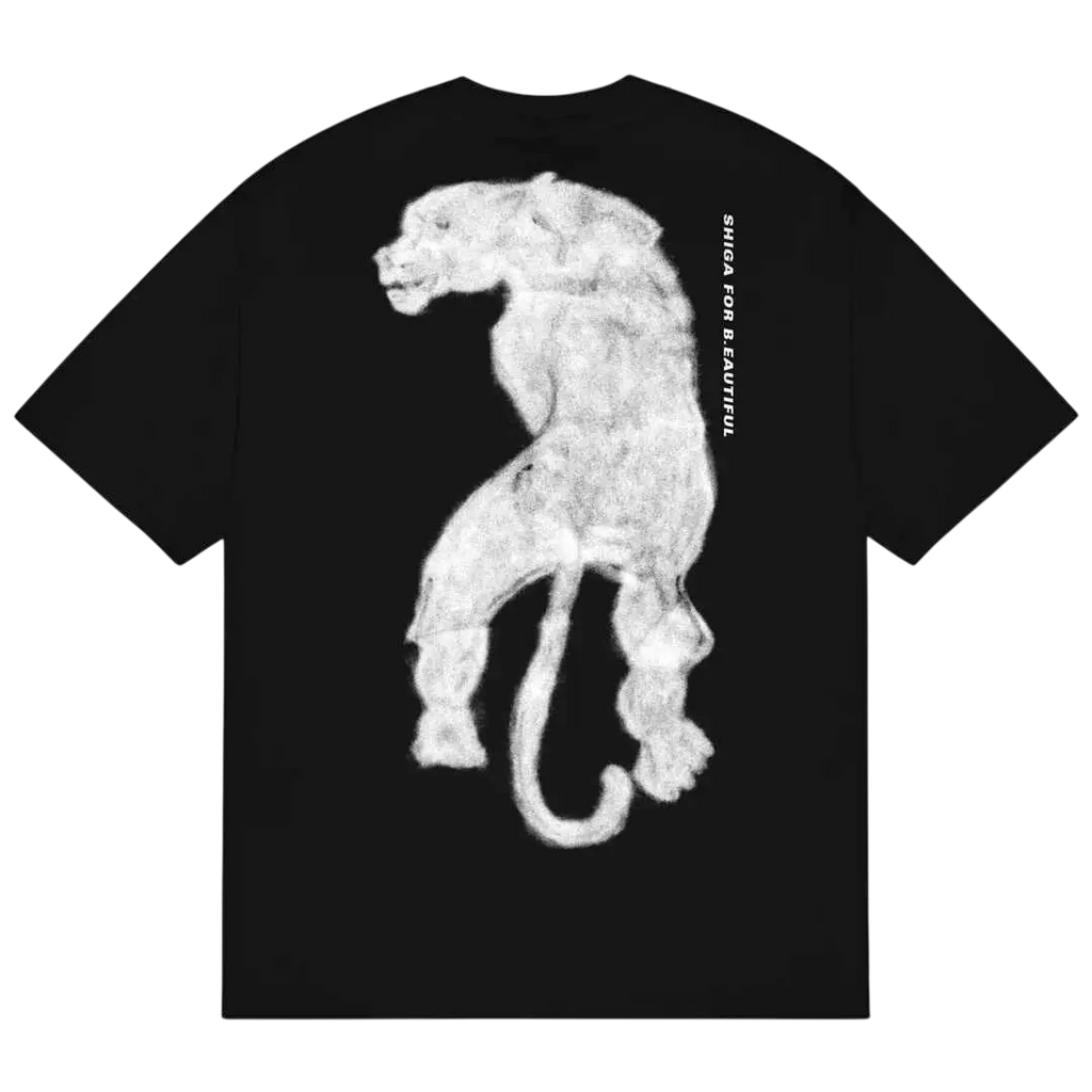 Black b.Eautiful x Shiga Skull T-shirt with white standing panther graphic and vertical shiga for beautiful text printed