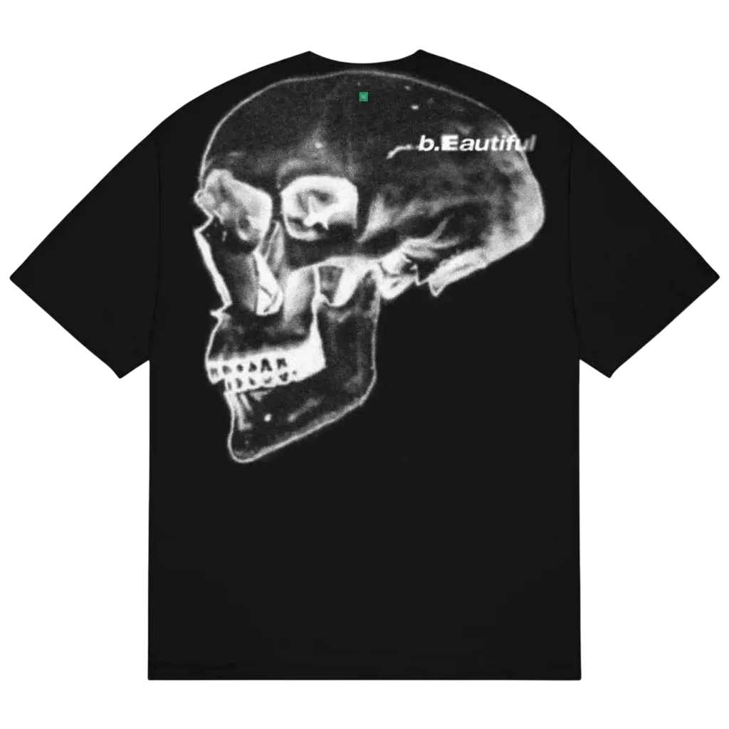 Black short-sleeved cotton t-shirt with detailed white Shiga skull graphic and b.Eautiful text printed above