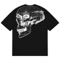 Black short-sleeved cotton t-shirt with detailed white Shiga skull graphic and b.Eautiful text printed above