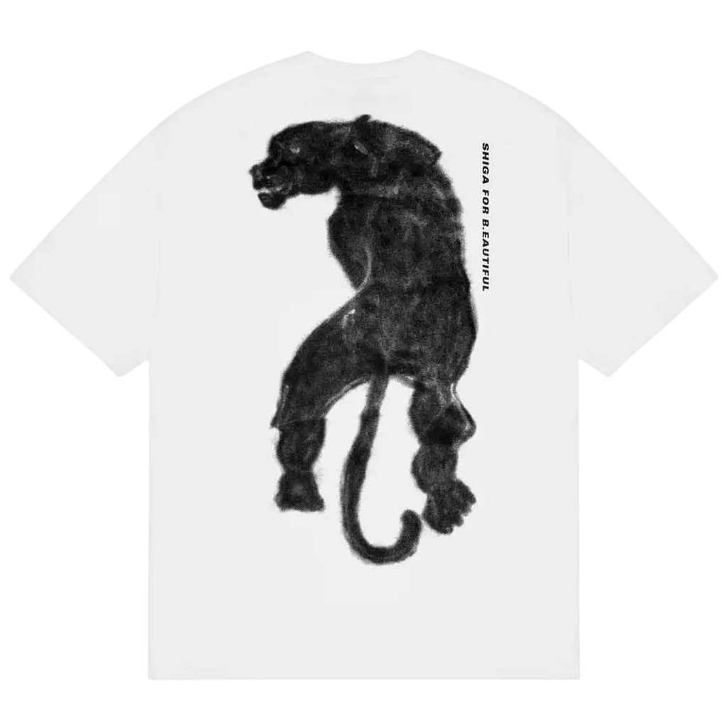 White b.Eautiful x Shiga skull t-shirt with bold black panther graphic and vertical shiga for beautiful text on front