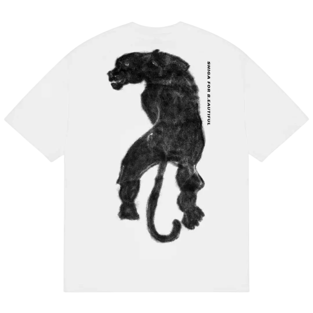 White b.Eautiful x Shiga skull t-shirt with bold black panther graphic and vertical shiga for beautiful text on front