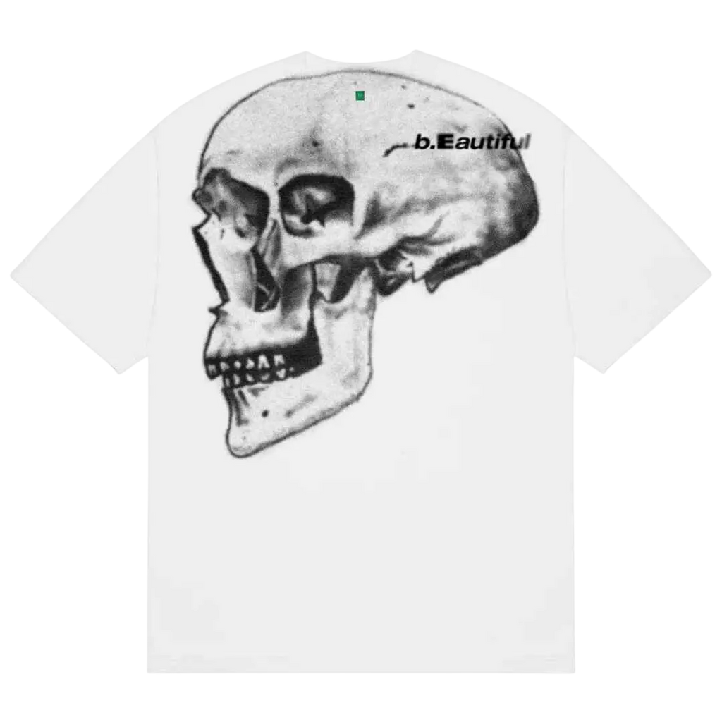 White b.Eautiful x Shiga skull t-shirt showing the back with a detailed black and white human skull sketch