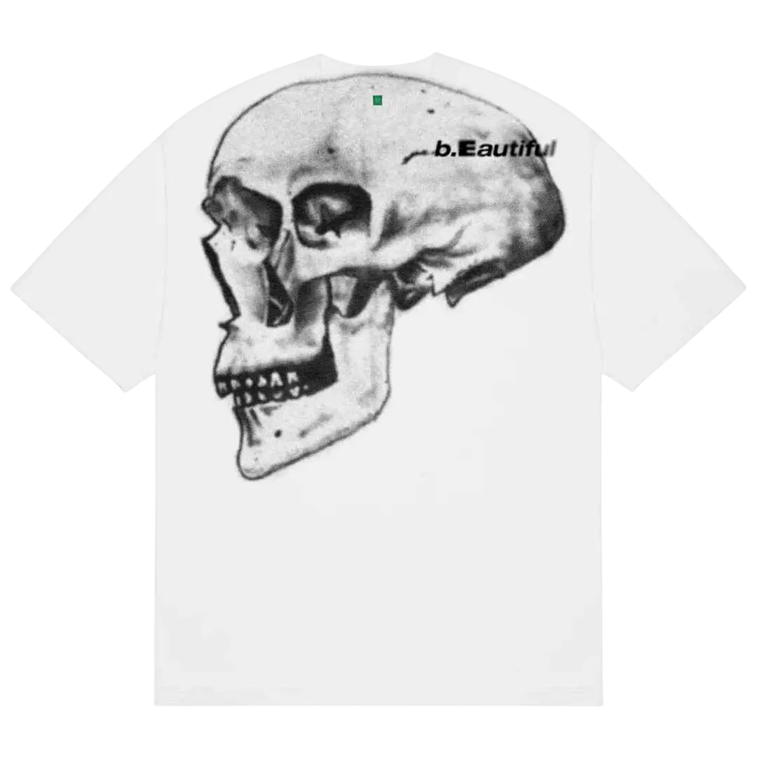 White b.Eautiful x Shiga skull t-shirt showing the back with a detailed black and white human skull sketch