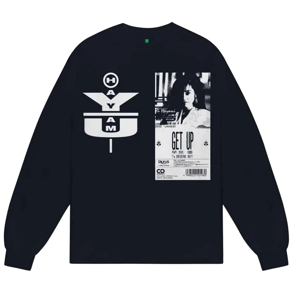 Dark navy long-sleeved b.Eautiful Yui tee featuring bold white hayami lettering and a black and white ticket graphic