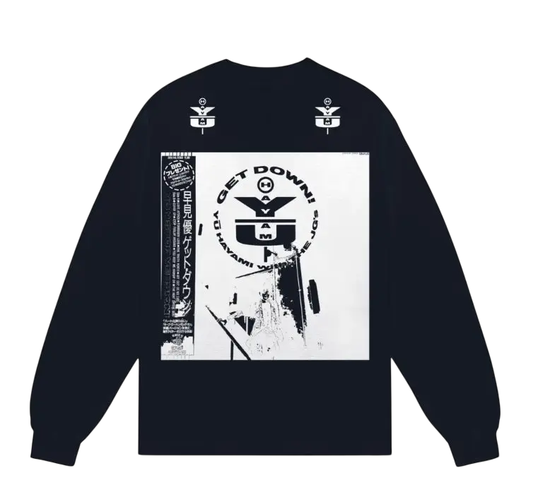 Dark navy long-sleeved sweatshirt with bold white graphic of get down album cover by yu hayami b. beautiful yui tee