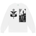 White long-sleeve sweatshirt with bold black geometric hayami graphic and black and white poster print b.eautiful yui tee