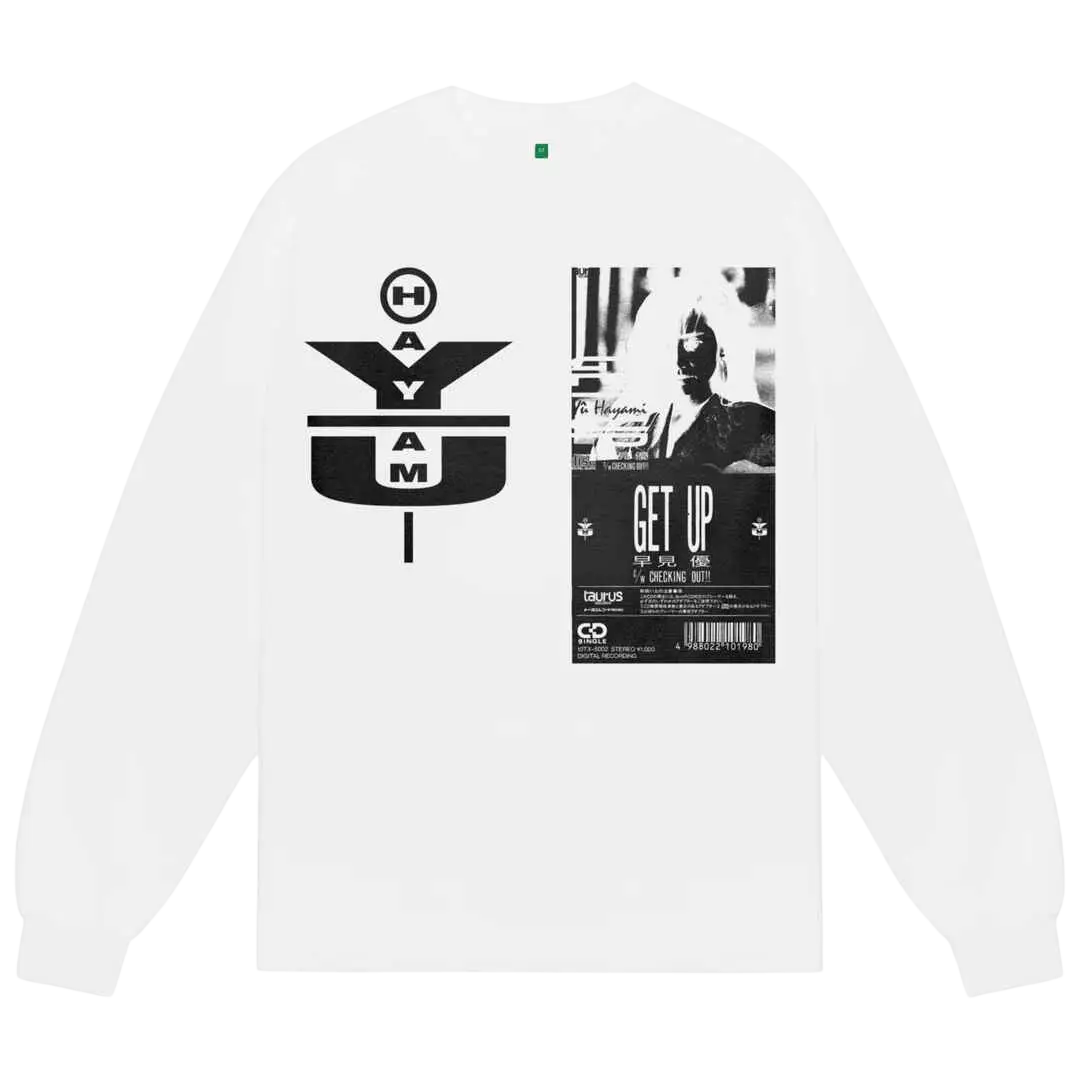 White long-sleeve sweatshirt with bold black geometric hayami graphic and black and white poster print b.eautiful yui tee