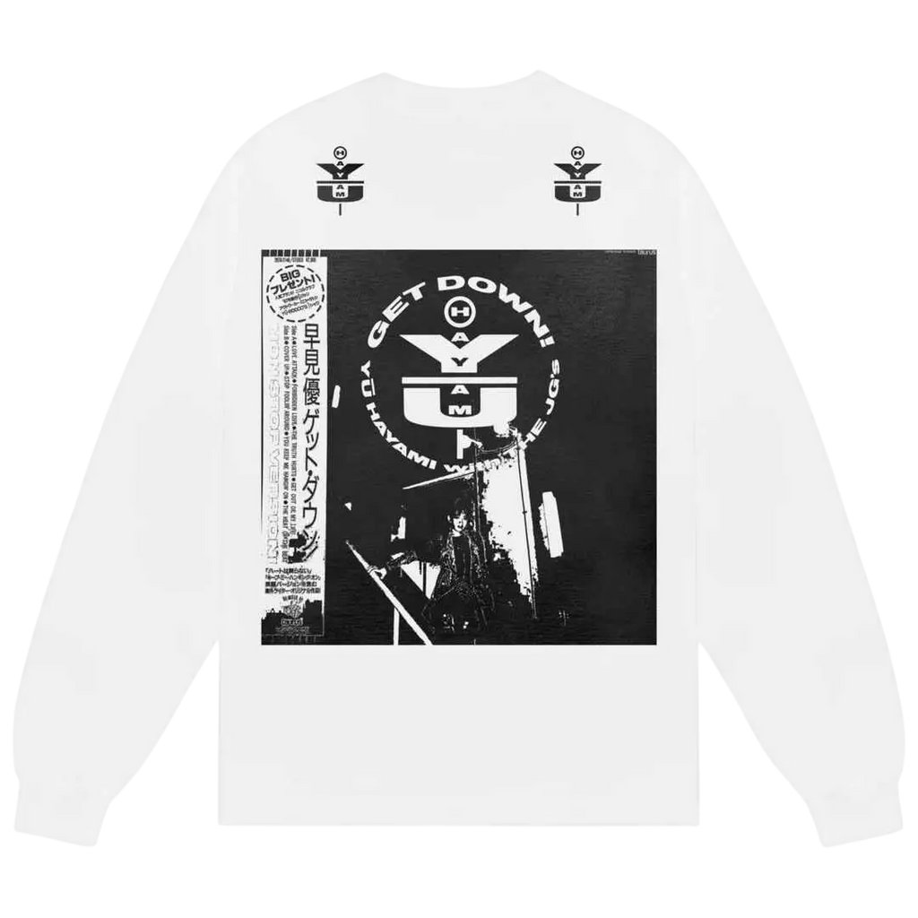 White long-sleeved b.Eautiful Yui tee featuring a black and white get down album cover graphic by yam