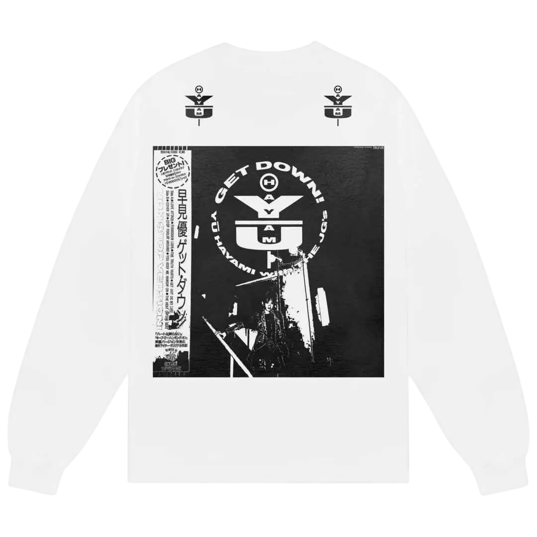 White long-sleeved b.Eautiful Yui tee featuring a black and white get down album cover graphic by yam