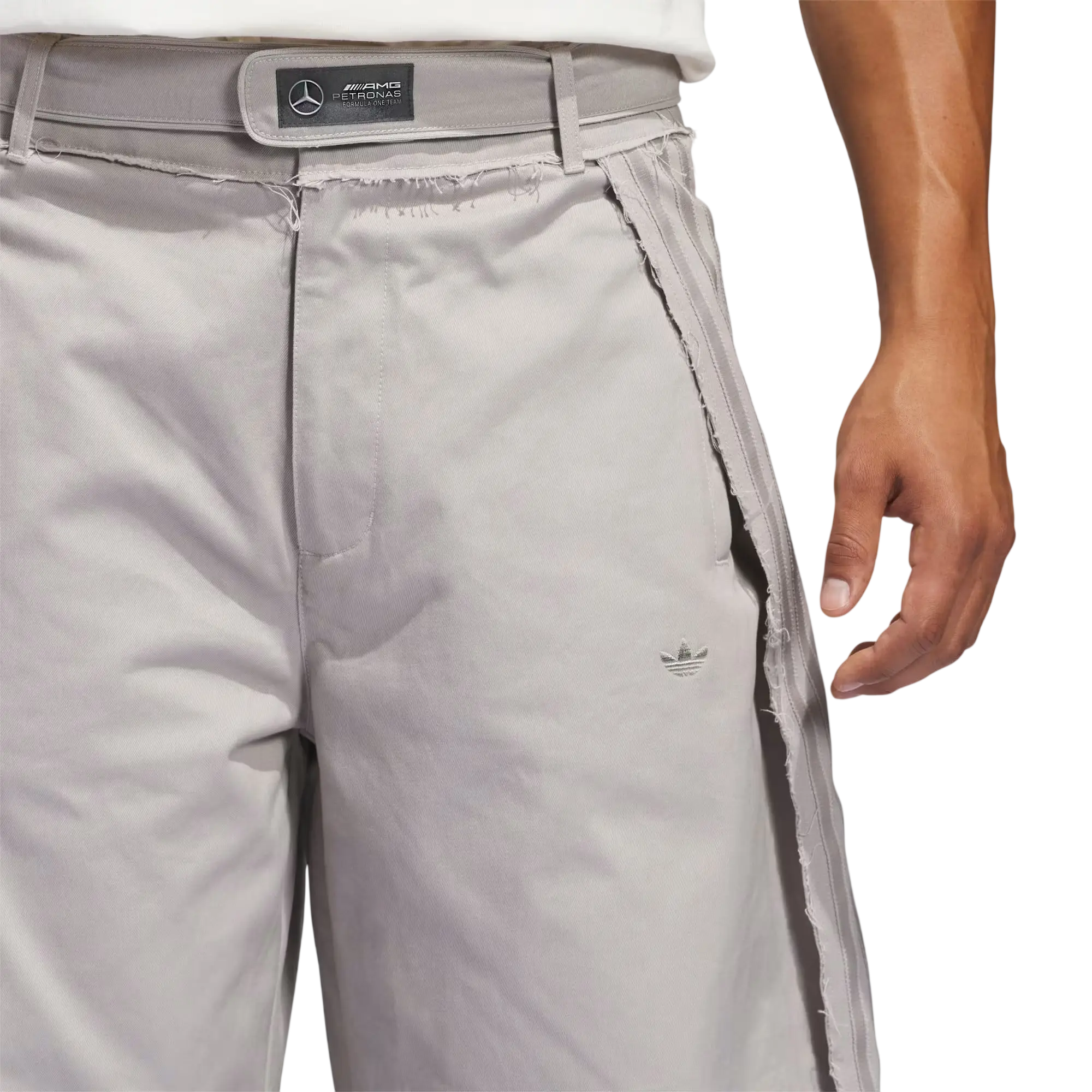 Light gray bad bunny x mercedes amg race pants featuring subtle three-stripe design and branded belt loop