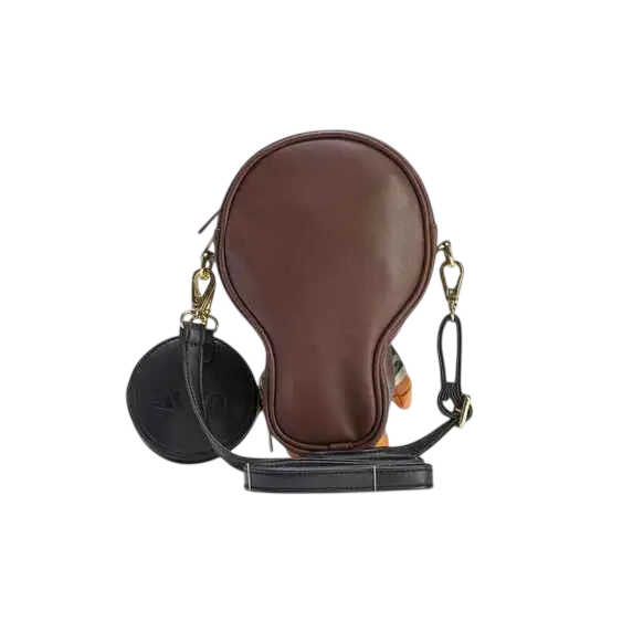 Brown leather bape adidas baby milo shoulder bag with circular black detachable pouch and gold tone hardware