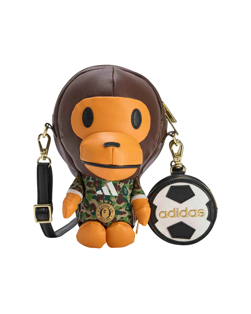 Brown and orange bape adidas baby milo shoulder bag with monkey shape camouflage jersey design and detachable soccer ball charm