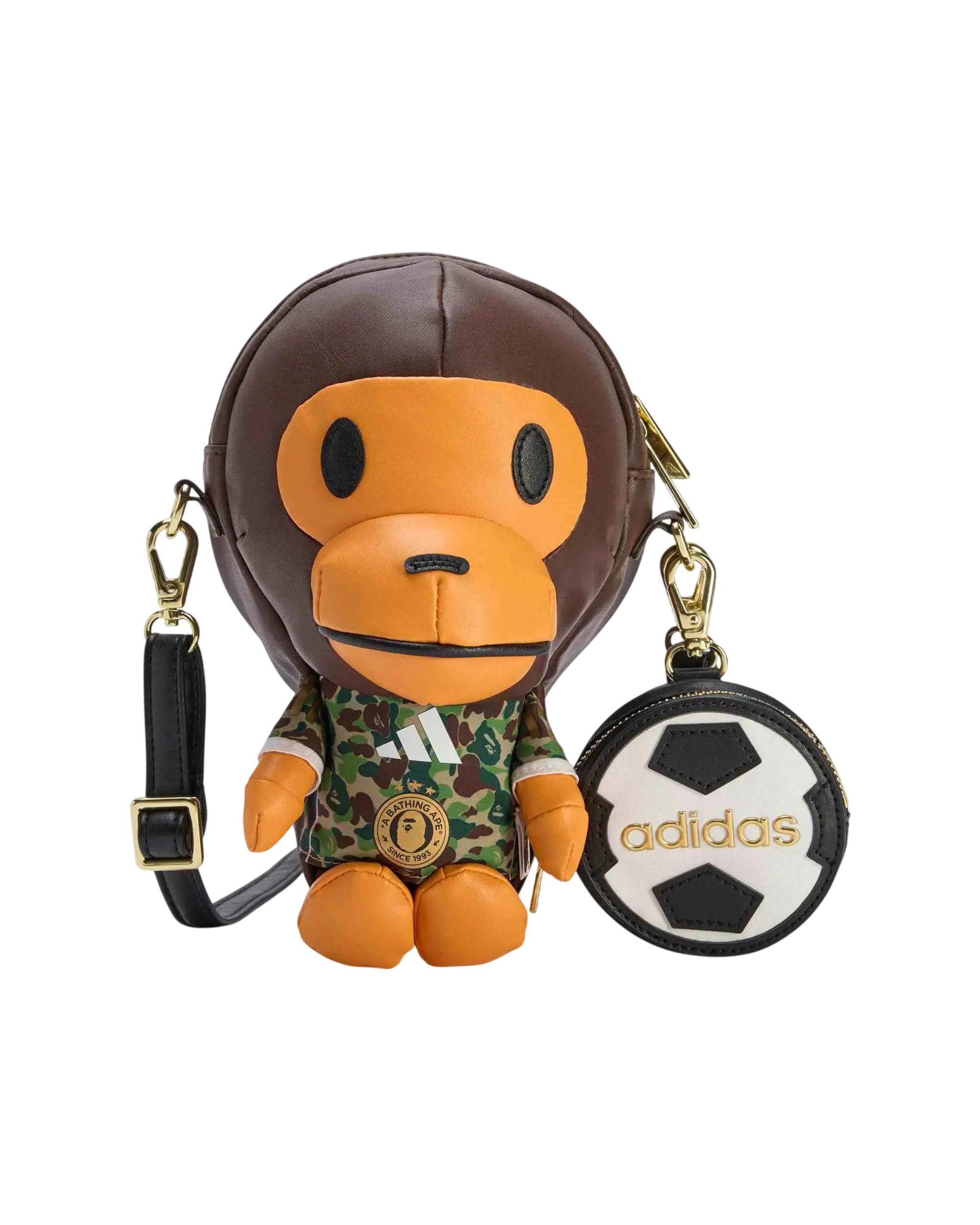 Brown and orange bape adidas baby milo shoulder bag with monkey shape camouflage jersey design and detachable soccer ball charm