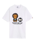 White cotton t-shirt featuring cartoon baby milo in black and orange with adidas logo circle below by Bape x Adidas