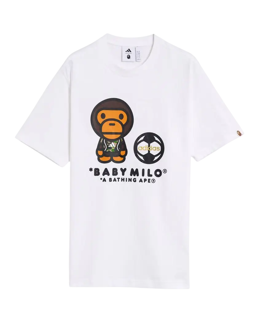 White cotton t-shirt featuring cartoon baby milo in black and orange with adidas logo circle below by Bape x Adidas