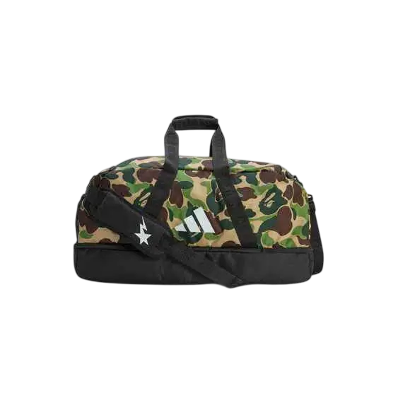 Bape x Adidas camo duffle bag with camouflage pattern black straps and white star logo on the side