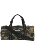 Bape x Outdoor Products green camouflage duffel bag with black straps and outdoor logo patch for outdoor use