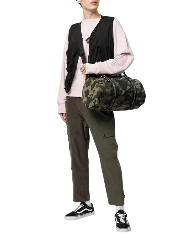 Bape x Outdoor Products 1st camo duffel bag green with camouflage pattern black zipper pulls and shoulder strap