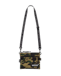 Bape x Outdoor Products camo mini shoulder bag green with camouflage pattern and black strap featuring repeating bape text