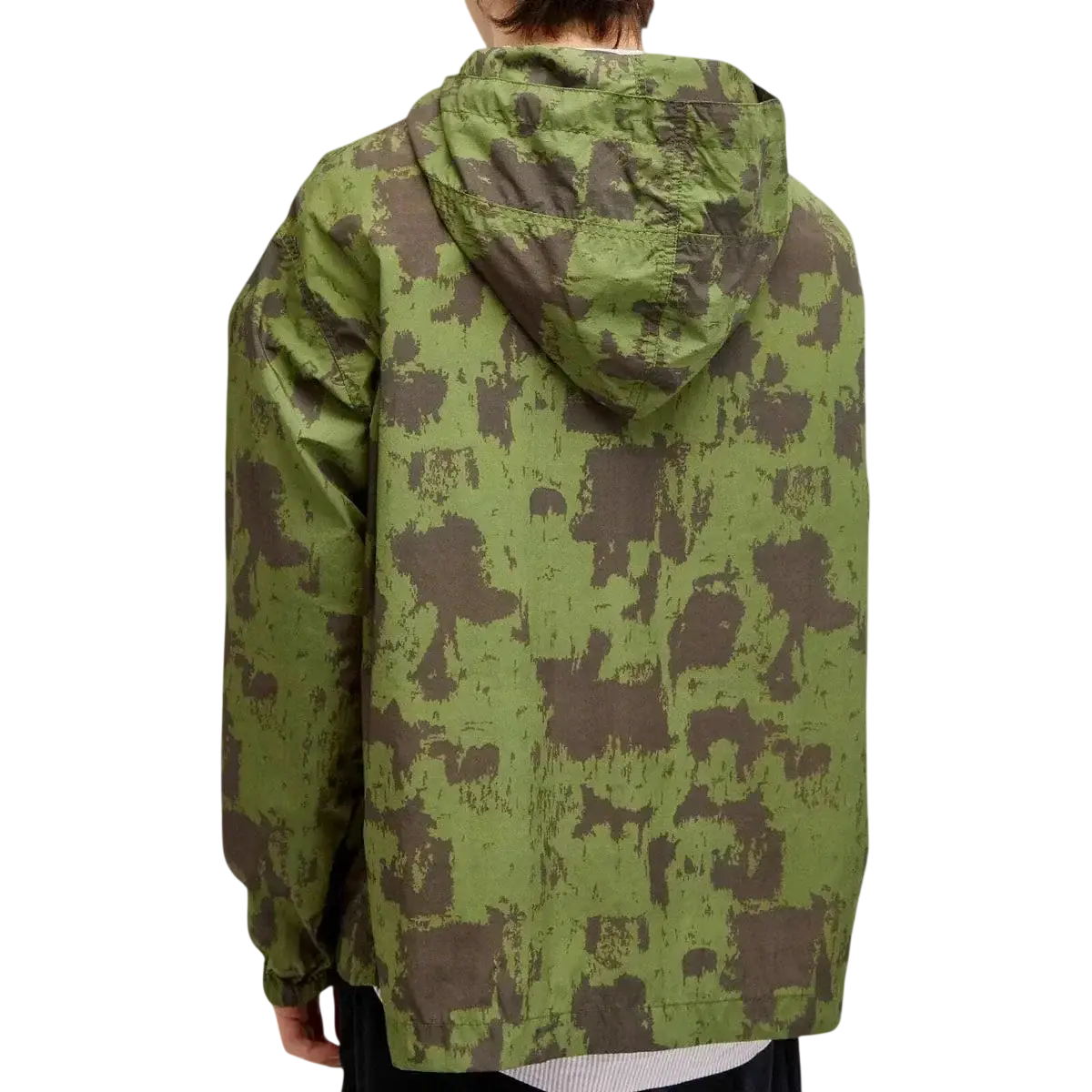Beams plus nylon camo smock green and brown camouflage patterned hooded jacket shown from the back side
